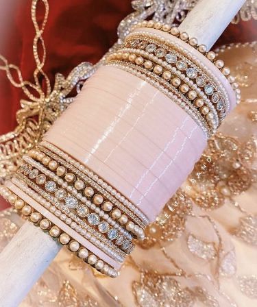 Best Seller Baby Pink Bridal Chooda with Stylish Golden Bangles and Pearls