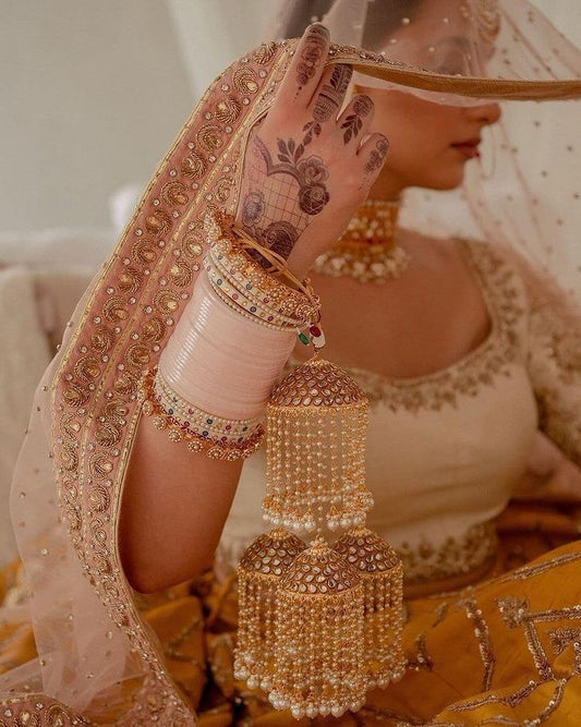 Blushing Elegance: Limited Edition Baby Pink Bridal Chooda with White and Golden Bangles
