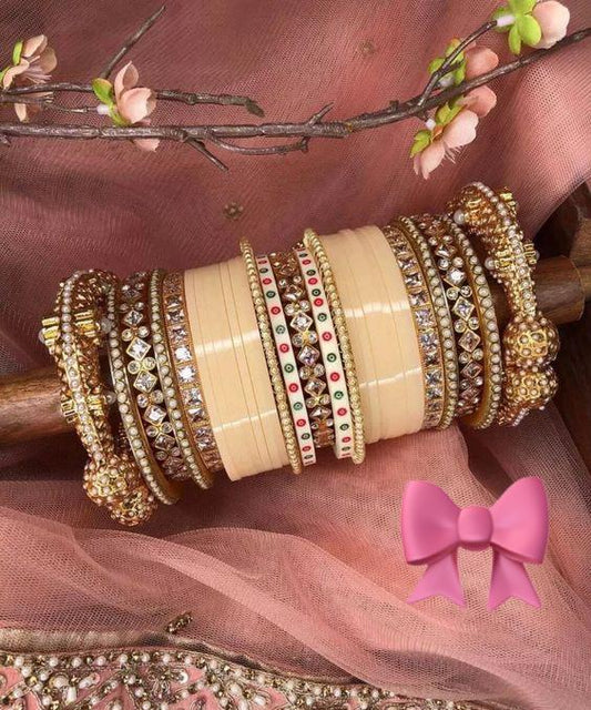Exotic Cream Bridal Chooda with Stylish Golden Bangles and Pearls