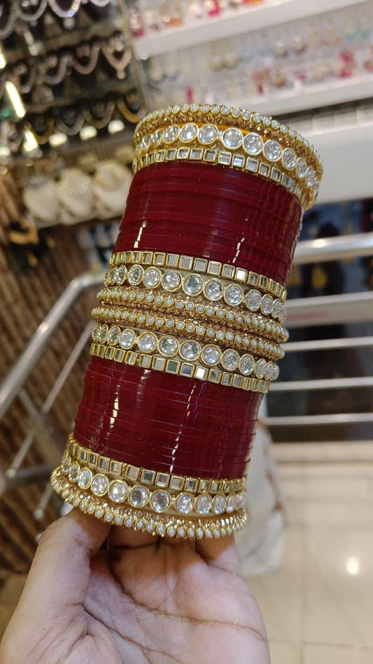 Timeless Opulence: Handcrafted Red Bridal Chooda with White Bangles and Circular Diamonds
