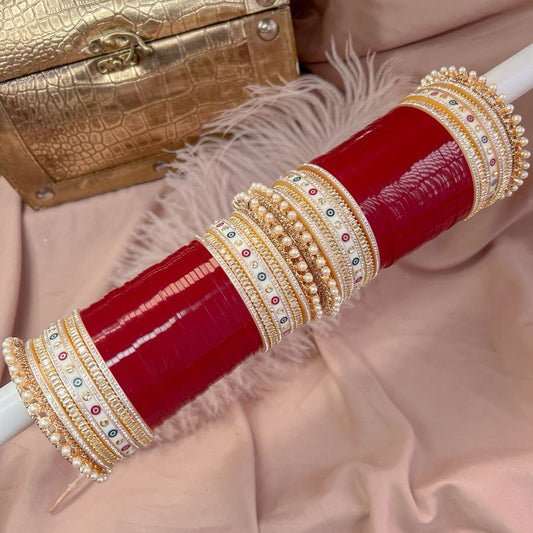 Shimmering Radiance: Handmade Red Bridal Chooda with White Bangles and Box-Shaped Diamonds